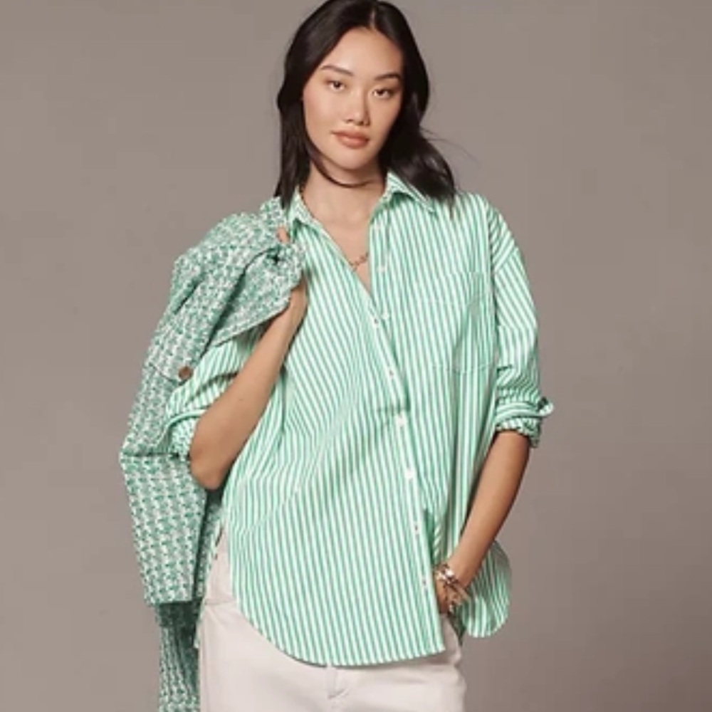 Anthropologie Maeve The Bennet Button down Shirt Green Stripes Size XS